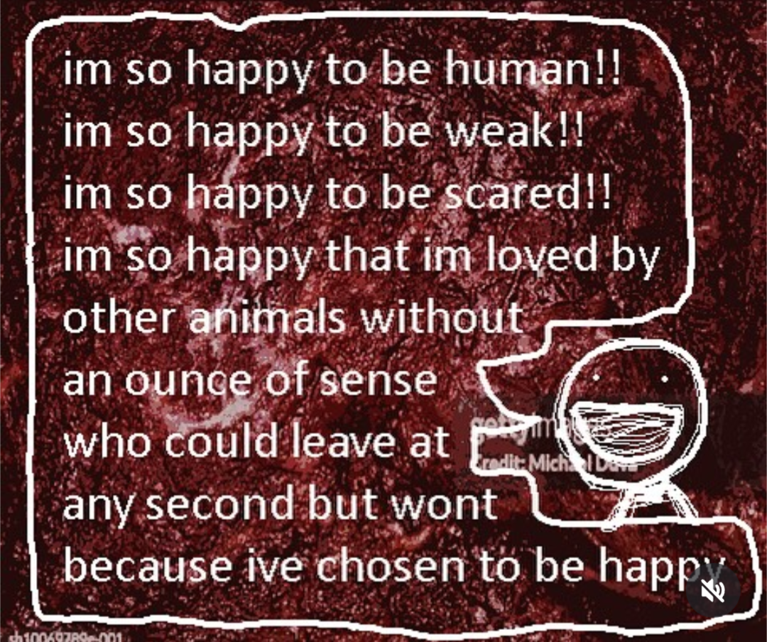 I'm so happy to be human! I'm so happy to be weak! I'm so happy to be scared! I'm so happy that I'm loved by other animals without an ounce of sense who could leave at any second but won't because I've chosen to be happy.