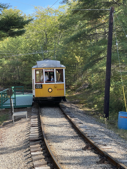 I had on view of one of the Connecticut cars. It’s yellow wooden and sitting at a station. There are trees and forest surrounding with overhead wires.