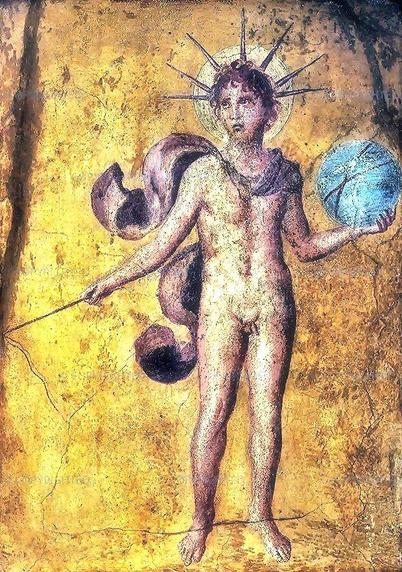 Fresco of Helios in the nude. The god has a radiant aureola and a seven-spiked sun ray crown. A red or purple cloak billows behind him. In his left he holds a blue globe and in his right a whip.