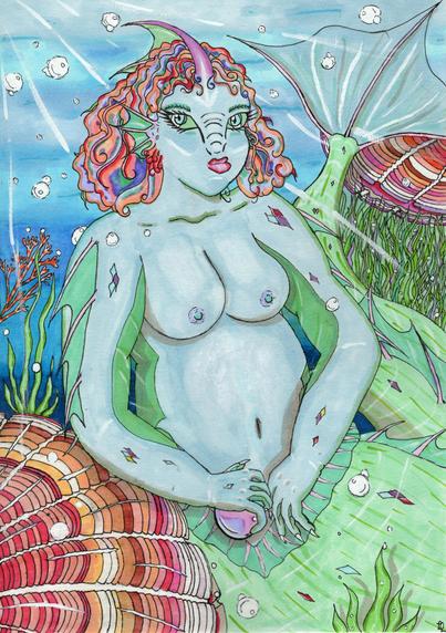 The image depicts a fantastical underwater scene featuring a mermaid-like creature holding a pink and purple pearl. The creature has a pale blue skin tone, with a greenish tail and fins. Its hair is vibrant and curly, with hues of red, orange, and purple, and it has a distinctive fin-like protrusion on its forehead. The creature is expressive, with green irises, and it has a serene expression due to its double lidded eyes. The background is a gradient of blue, representing the underwater environment, with bubbles floating around. The creature is surrounded by various underwater elements, including colorful giant clam-shells, seaweed, and coral. The overall style is whimsical and colorful, with a focus on the creature's unique features and the vibrant underwater setting