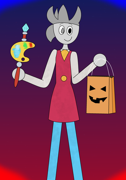 Mercury is dressed as Pixel from the PS2 game, Graffiti Kingdom: wears a red shirt which has long white arm sleeves, blue pants, and he holds a wand which the middle part is shaped like an artist's color palette. Mercury also holds a Halloween bag, showing he's ready for Halloween this October. The background shows a gradient from blue (top) to red (bottom).