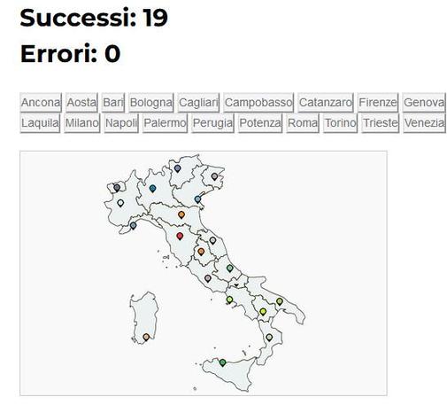 Copie d'écran du quiz avec les boutons des capitales régionales italiennes et la carte d'Italie permettant d'interroger sur une ville particulière.
