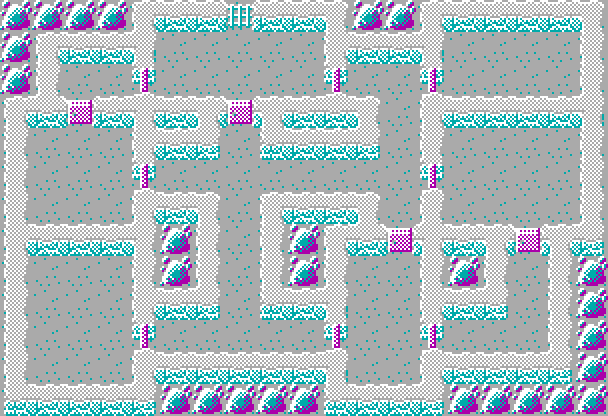 A sample dungeon made with the LevelMap library. There are chambers linked by corridors, including a large central corridor that links all of the level's chambers together. LevelMap doesn't draw graphics, I mocked this one up from the level map data created by the library.