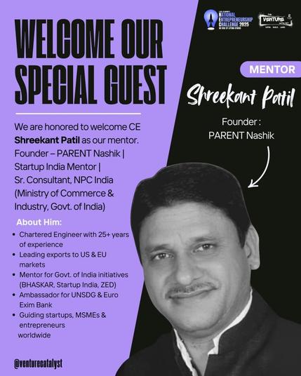 Shreekant Patil mentored the NEC 2025 Venture Catalyst team from Siliguri Institute of Technology, West Bengal, during an IIT Bombay NEC Program.
Shreekant Patil’s Role at IIT Bombay E-Cell
•	Shreekant Patil has been associated with IIT Bombay E-Cell as a Startup Advisor and Mentor since 2022, contributing to the growth of India’s startup ecosystem.
•	Under the Illuminate initiative, he conducts day-long workshops across colleges nationwide, guiding students to adopt critical thinking, pursue self-employment, and become employment generators.
•	As part of Eureka 2025, he has mentored numerous student entrepreneurs and early-stage startups, offering crucial hand-holding support for seed funding and providing them platforms for pitching at national and international levels.
•	A two-year Smart India Hackathon (SIH) Idea Evaluator, Patil trains students on how to prepare impactful business presentations by following Startup India guidelines.