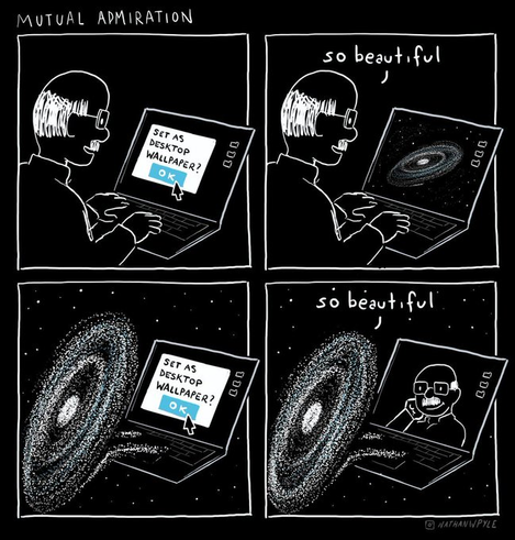 A wholesome four-panel comic by Nathan W. Pyle titled "Mutual Admiration." In the first two panels, a man admires a picture of a galaxy and sets it as his desktop wallpaper, saying "so beautiful." In the last two panels, the perspective flips to the galaxy in space, which is admiring a picture of the man and setting it as its "wallpaper," also thinking "so beautiful."