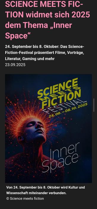 Gesicht mit geschlossenen Augen, dazu schrift: Science meets Fiction Festival Thema: Inner Space