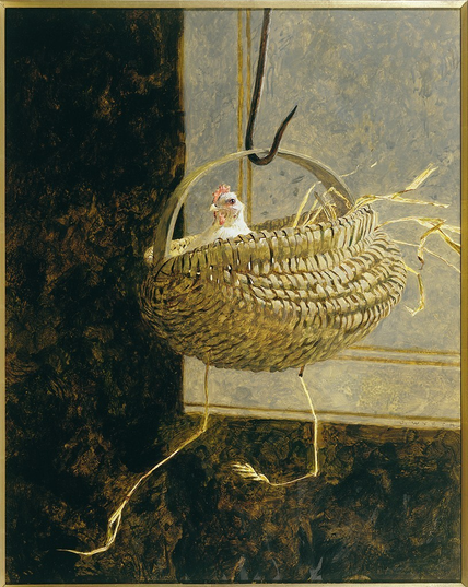 Painting of a chicken on her nest, in a basket, on a hook, by a window.