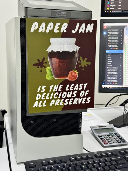 A sign taped to the front of a computer with a depiction of a jar of strawberry jam. The humorous message says, “Paper jam is the least delicious of all preserves.”