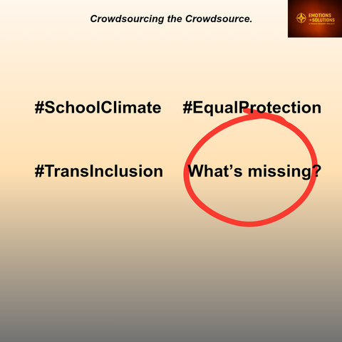 A page labeled “Crowdsourcing the Crowdsource.”
Three hashtags are circled: #EqualProtection, #TransInclusion, #SchoolClimate.
Beside them is a large empty space with a question mark and the phrase: “What’s missing?”
