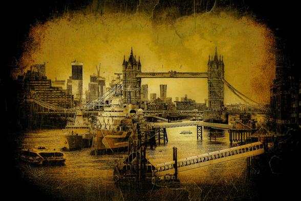 A striking signature styled vignette cityscape of the iconic Tower Bridge
rising proudly above the River Thames, two warships, HMS Belfast a World
War II Royal Navy cruiser and a visiting Irish Naval Service, offshore patrol vessel
called LE James Joyce (P62) forms a nicely composed subject