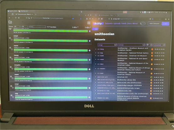 Two side-by-side browser windows showing the Sciop Smithsonian datasets on the right and torrents of the same datasets being seeded on the left.