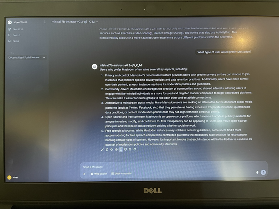 A screenshot of Mistral 7B responding to the query “What type of user would prefer Mastodon?”