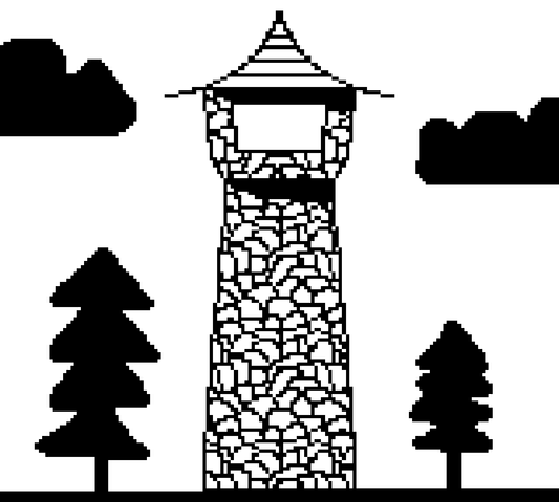 A tall stone watchtower with a pointed roof stands between two pine trees under a sky with two clouds. Pixel art.