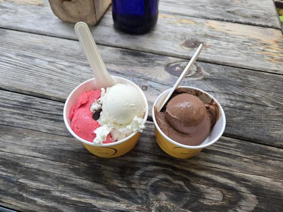 Two cups of ice cream, on a wooden table
