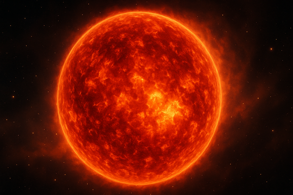 Illustration of the red supergiant star Stephenson 2-18, showing its massive glowing surface of swirling plasma in deep space.