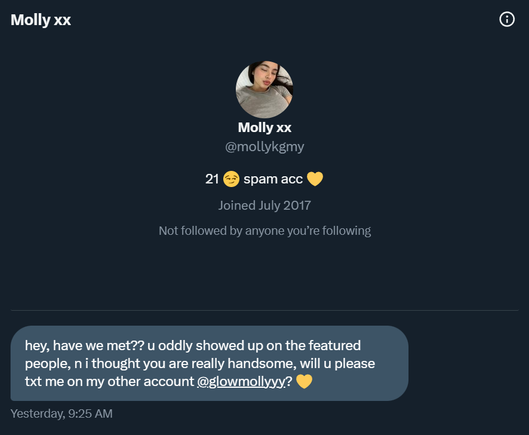 Twitter message request from Molly xx (@mollykgmy)

Bio: 21 😏 spam acc 💛

Message: hey, have we met?? u oddly showed up on the featured people, n i thought you are really handsome, will u please txt me on my other account @glowmollyyy? 💛