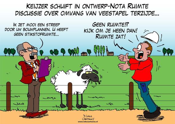 De cartoon toont een ambtenaar (links) met een map die tegen een bouwvakker (rechts) zegt: “Ik zet mooi een streep door uw bouwplannen. U heeft geen stikstofruimte…” Op de achtergrond staat een schaap in de wei. De bouwvakker zichtbaar gefrustreerd, roept: “Geen ruimte!? Kijk om je heen dan! Ruimte zat!”

Bovenaan staat de context: “Keijzer schuift in ontwerp-Nota Ruimte discussie over omvang van veestapel terzijde…”

Analyse: De cartoon speelt met de dubbele betekenis van het woord “ruimte”. De ambtenaar bedoelt “stikstofruimte” (juridische en ecologische marge voor stikstofuitstoot), maar de bouwvakker interpreteert dit letterlijk als fysieke ruimte in het landschap. Het beeld benadrukt de kloof tussen overheidstaal en boerenlogica. De bouwvakker ziet overvloedige leegte, terwijl de overheid focust op milieugrenzen. De aanwezigheid van het schaap versterkt de verwijzing naar de veestapel en stikstofproblematiek. De cartoon bekritiseert de afstand tussen beleid en de praktijk.