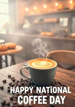 A cup of swirling coffee and it has words that say "HAPPY NATIONAL COFFEE DAY!"