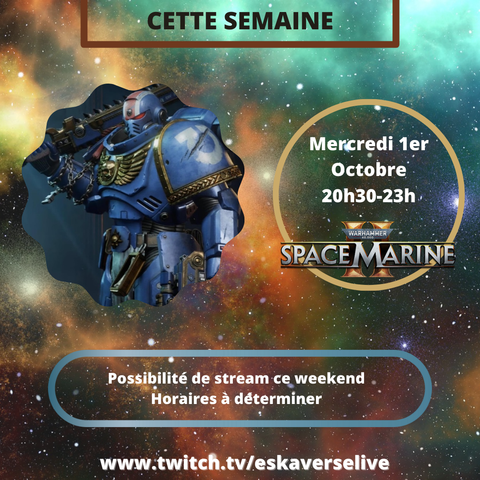 Mercredi 1er Octobre 20h30-23h : Space Marine 2

Stream possible ce weekend, samedi ou dimanche, aprem et/ou soir.