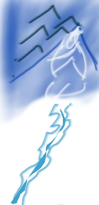 An abstract digital painting with a predominantly blue palette. In the top half, jagged mountain-like lines frame a transparent, ghostlike human figure leaning forward. Below, a jagged crack of blue lightning slices diagonally across an otherwise empty white void. The scene evokes isolation, internal clarity, and the unraveling of structure.