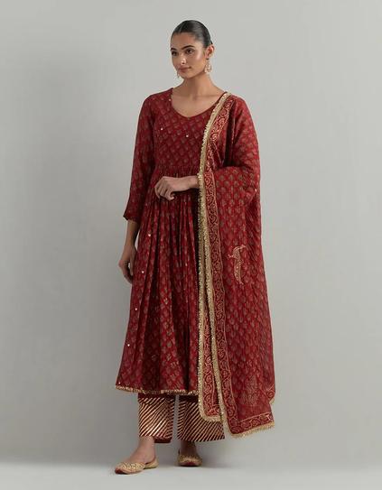 Red Block Printed Chanderi Anarkali Suit