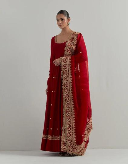 Red Embroidered Anarkali Suit Set.