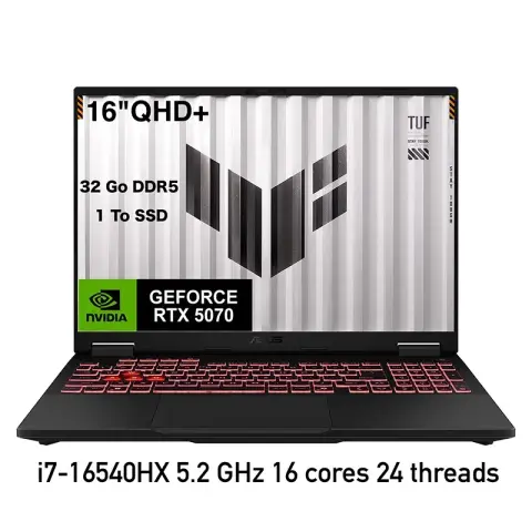PC portable gamer ASUS TUF F16 RTX 5070 avec Intel Core i7-14650HX, écran 16″ QHD+ 165Hz et design robuste pour gaming intensif.
