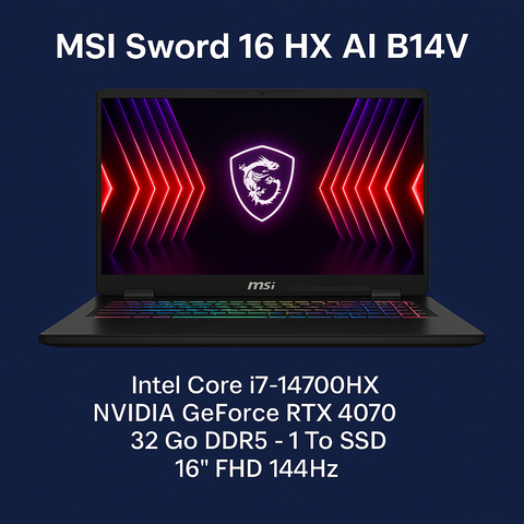 MSI Sword 16 HX AI B14V – PC portable gamer avec Intel Core i7-14700HX, RTX 4070, 32 Go DDR5 et écran 16″ FHD 144Hz