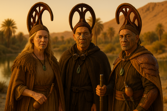 3 Dryrunner elders in ceremonial gear guard an oasis in the desert.