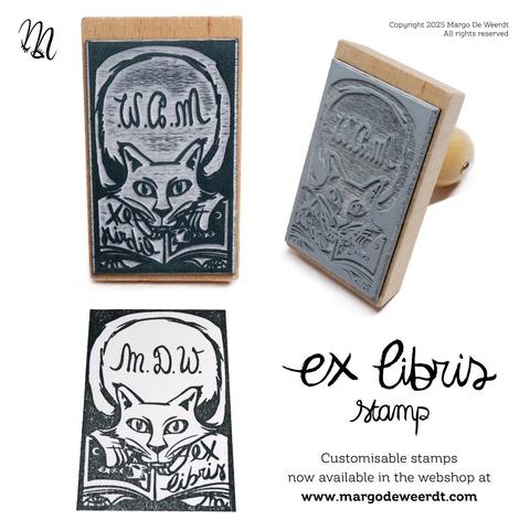 A photo lay-out of the cat design in my ex libris stamp series. You see the inked stamp, with underneath the print in black ink. Next to it, on the right, is the stamp in a 3:4 view, with the wooden handle visible. Underneath are the words: "Ex Libris stamp, Customisable stamps now available in the webshop at www.margodeweerdt.com"