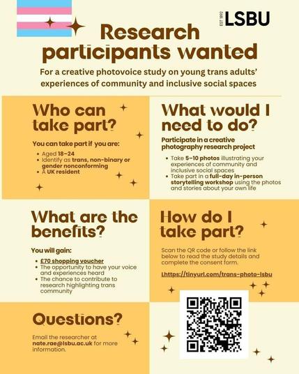 Text reads:

Research participants wanted for a creative photovoice study on young trans adults' experiences of community and inclusive social spaces

Who can take part? 
You can take part if you are:
- Aged 18–24
- Identify as trans, non-binary or gender nonconforming
- A UK resident

What would I need to do?
Participat in a creative photography research project
- Take 5–10 photos illustrating your experiences of community and inclusive social spaces
Take part in a full-day in-person storytelling workshop using the photos and stories about your own life

What are the benefits?
You will gain:
- £70 shopping voucher
- The opportunity to have your voice and experiences heard
- The chance to contribute to research highlighting trans community

How do I take part?
Scan the QR code or follow the link below to read the study details and complete the consent form.
https://tinyurl.com/trans-photo-lsbu
QR code

Questions?
Email the researcher at nate.rae@lsbu.ac.uk for more information.