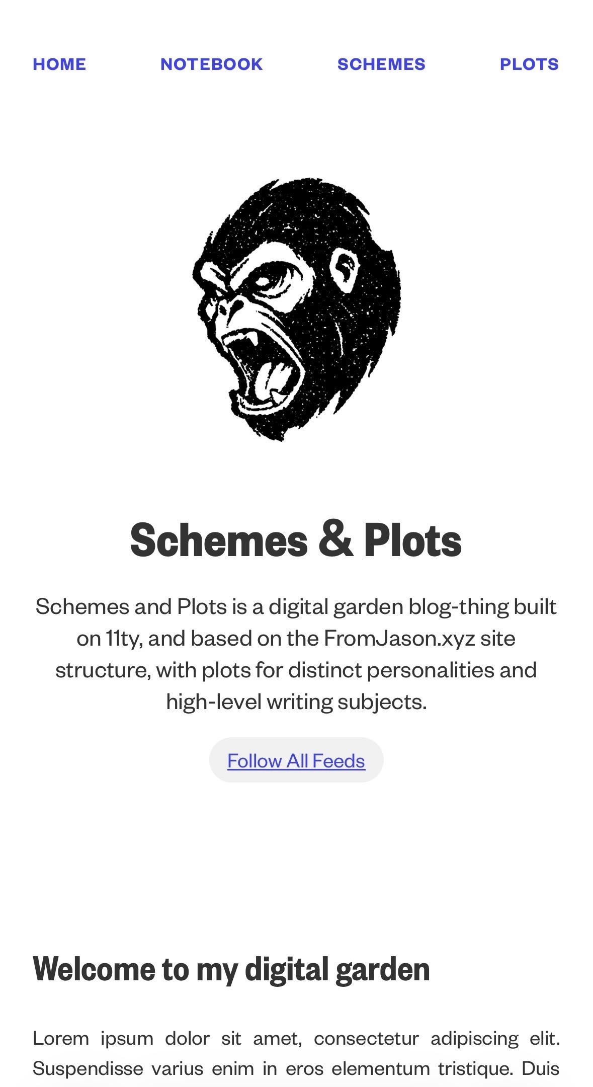 A webpage with a header featuring a graphic of a roaring gorilla and text labeled "Schemes & Plots." Below the header is a brief description of a blog platform focused on writing subjects. There are navigation links and a call-to-action button to follow all feeds. It's a simple design. 
