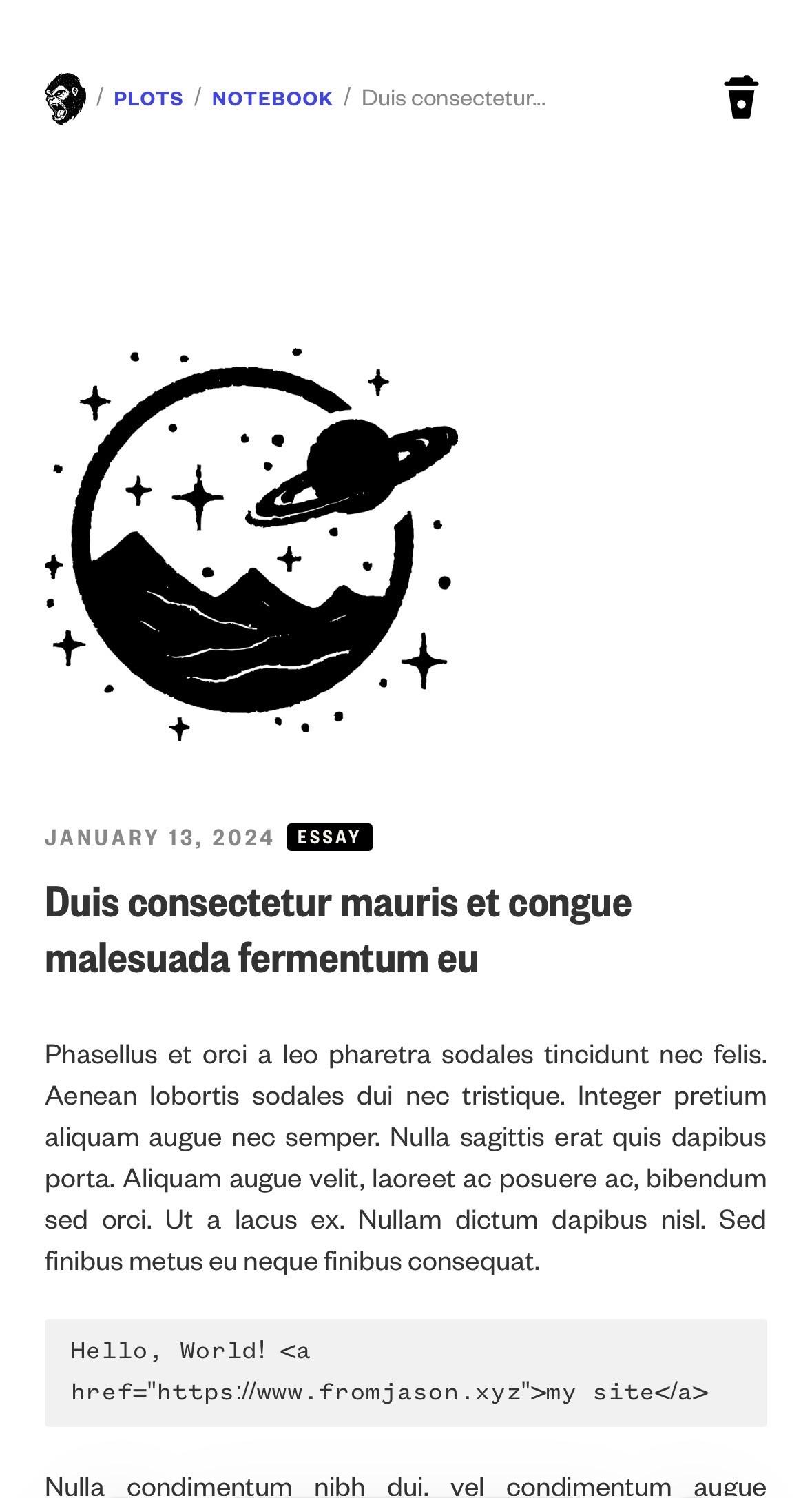 An illustration of a planet and moon surrounded by stars, located above a block of text titled "Duis consequat..." from a notebook or plot layout, dated January 13, 2024. The text contains placeholder content. 