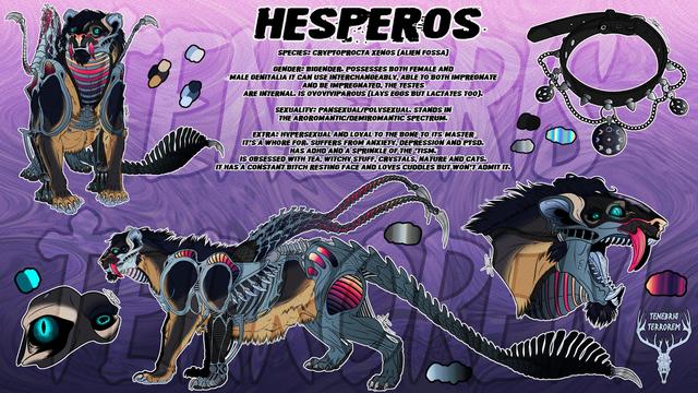 Ref sheet of a biomechanical, fossa-like creature.