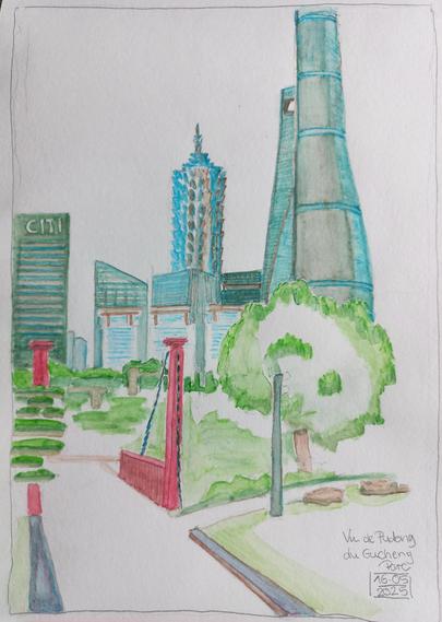 Vue de plusieurs gratte-ciels dans une ambiance bleue de fin d'après-midi. Devant un parc, avec un chemin en diagonale avec un pont suspendu rouge. 

A view of a skyline with different skyscrapers in the blue reflexion of late afternoon. In the forefront a parc with a path in diagonal and a red bridge.