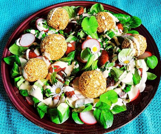 Rote Linsen Bällchen mit Sesam Kruste auf Salat, mit Tahin Dressing.