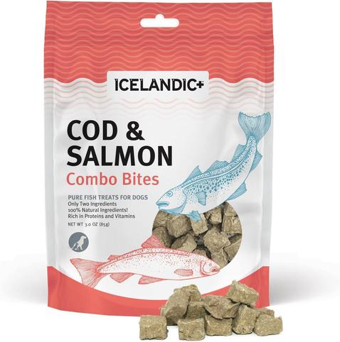 ICELANDIC+ brand Cod & Salmon Combo Bites. The bag has clear images of two fish. There is a window on displaying the contents of the bad. In small print it also reads, "Pure fish treats for dogs." There is a smallish circular image of full body silhouette of a large and smaller dog.