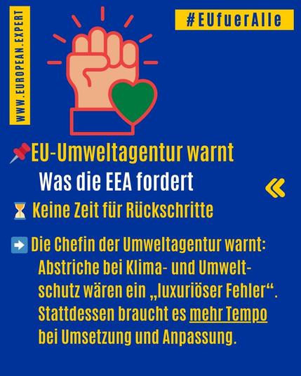 ls
| [ &
> EU-Umweltagentur warnt
Was die EEA fordert &«
X Keine Zeit fiir Riickschritte
® Die chefin der Umweltagentur warnt:
Abstriche bei Klima- und Umwelt-
schutz waren ein , luxurioser Fehler.
Stattdessen braucht es mehr Tempo
hei Umsetzung und Anpassung.
