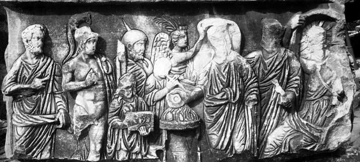 Relief on the Basis Decennalia of a column in the Forum Romanum depicting the Emperor sacrificing to Mars and Roma, with Sol or Mithras on the top right.