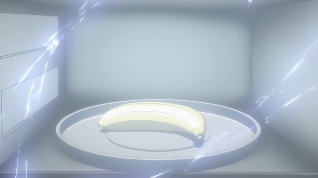 A banana on a turn table inside a microwave with flashes around it.