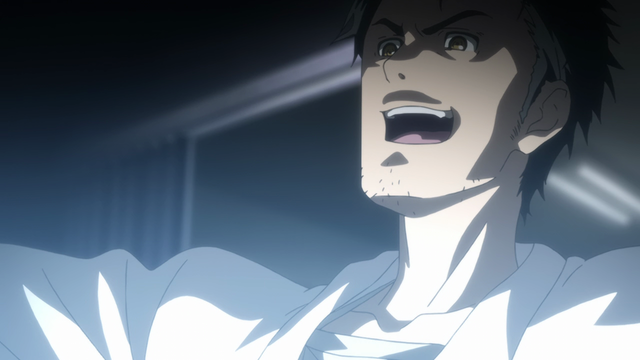 A man (Rintaro) in a mad scientist type stance.