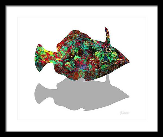 Framed print of Colourful Fish Leatherjacket Shadow Swimmer by Joan Stratton - paintingsbyjoan.com

A bold little character! That horn-like projection, cosmic swirl of colour, and shadowed echo below give it a cheeky, almost defiant energy - like it’s darted out from a coral crevice just to be admired.

A leatherjacket fish zips through the white, its horn raised like a crown, its body stitched with cosmic colour and cheeky confidence. Swirls of red, green, yellow, and blue ripple across its form like a reef in motion, while its shadow swims quietly beneath, echoing its bold silhouette.

This isn’t just a fish, it’s a flash of personality. A creature with flair, rhythm, and a touch of mischief. It feels like summer saltwater and reef-side secrets, like something you glimpse once and never forget.

Created using my Ether Art technique — hand-drawn digitally from a blank canvas — this piece blends expressive abstraction with storytelling and vibrant rhythm.

Perfect for lovers of quirky marine art, surreal design, and joyful colour. Available across fine art prints, canvases, puzzles, apparel, and home décor.

Loaded without a background so you can choose your own colour on products :)

Explore more expressive aquatic and abstract works in my gallery at:
https://joan-stratton.pixels.com/collections/fish+sea+dragons+and+horses