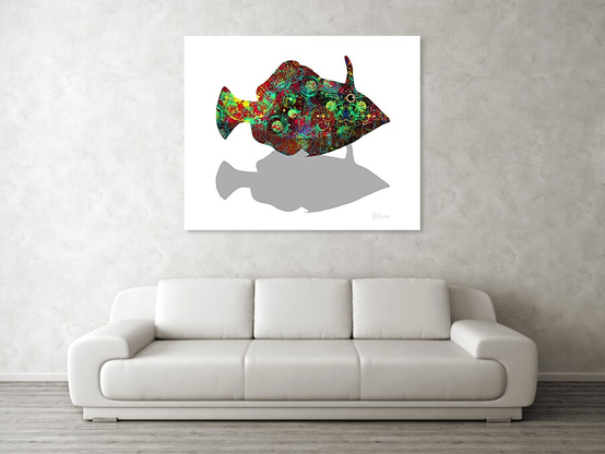 Wall mounted Art print of Colourful Fish Leatherjacket Shadow Swimmer by Joan Stratton - paintingsbyjoan.com in a lounge room setting.

A bold little character! That horn-like projection, cosmic swirl of colour, and shadowed echo below give it a cheeky, almost defiant energy - like it’s darted out from a coral crevice just to be admired.

A leatherjacket fish zips through the white, its horn raised like a crown, its body stitched with cosmic colour and cheeky confidence. Swirls of red, green, yellow, and blue ripple across its form like a reef in motion, while its shadow swims quietly beneath, echoing its bold silhouette.

This isn’t just a fish, it’s a flash of personality. A creature with flair, rhythm, and a touch of mischief. It feels like summer saltwater and reef-side secrets, like something you glimpse once and never forget.

Created using my Ether Art technique — hand-drawn digitally from a blank canvas — this piece blends expressive abstraction with storytelling and vibrant rhythm.

Perfect for lovers of quirky marine art, surreal design, and joyful colour. Available across fine art prints, canvases, puzzles, apparel, and home décor.

Loaded without a background so you can choose your own colour on products :)

Explore more expressive aquatic and abstract works in my gallery at:
https://joan-stratton.pixels.com/collections/fish+
sea+dragons+and+horses
