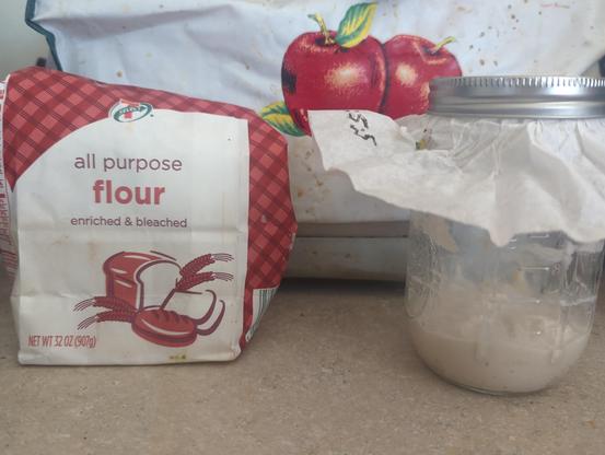 A mason jar of sourdough starter featuring the nearly empty bag of 7-11 flour it devoured.