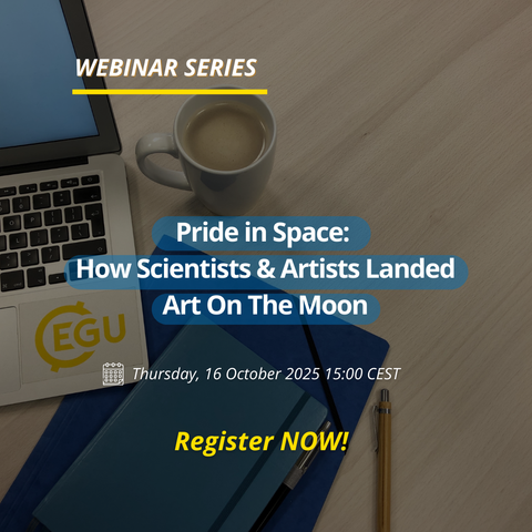 Image description: A coffee cup, notepad, and pencil. Text reading: 'WEBINAR SERIES Pride in Space: How Scientists & Artists Landed Art On The Moon Thursday, 16 October 2025 15:00 CEST Register NOW!