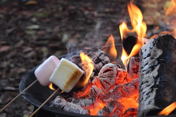 A close up of two marshmallows being toasted on a fire, which is in a fire pit for safety reasons (thatched roof and all that). It gives off really cozy vibes, with the orange flames and glowing wood.