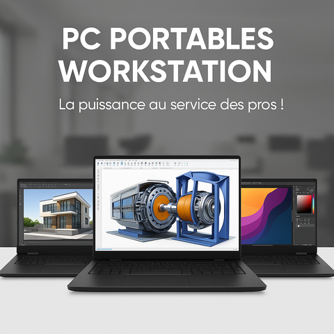 Image promotionnelle présentant des PC portables Workstation professionnels, puissants et conçus pour les architectes, designers, ingénieurs et créateurs 3D.