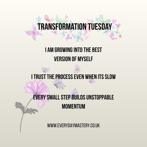 Minimalist black and gold graphic with bold text reading ‘Transformation Tuesday.’ Background features a subtle gradient with a rising arrow symbol, representing progress and growth.