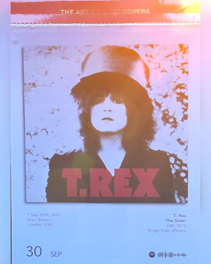 Abreißtageskalender von seltmann mit dem Kalenderblatt des Vinyl-Covers der LP "The Slider" (1972) von T. Rex