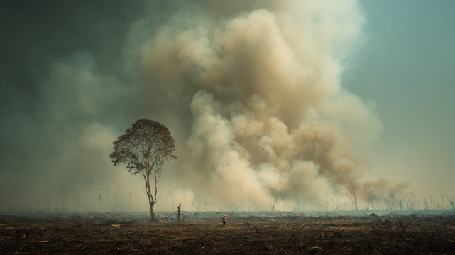 Close-up of a lone, withered tree standing in a scorched landscape. Surrounding forest lies clear-cut and smoldering, symbolizing deeper systemic collapse beneath the noise of racial decline.